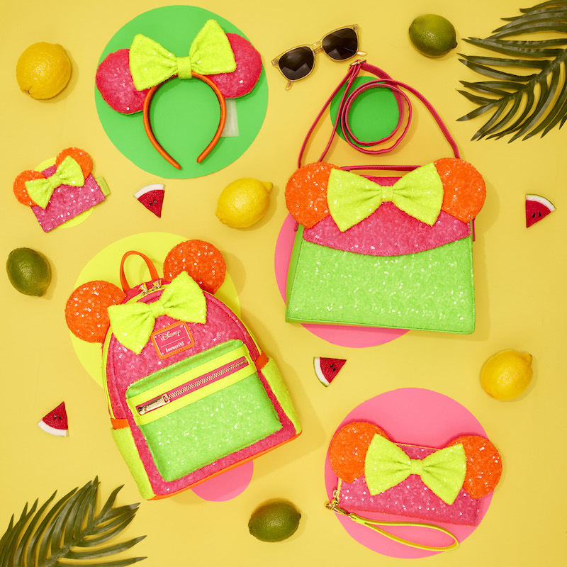 Neon Minnie Mouse Sequin Collection sitting on neon-colored polka dots against a yellow background surrounded by fruits, palm fronds, watermelon slices, and sunglasses